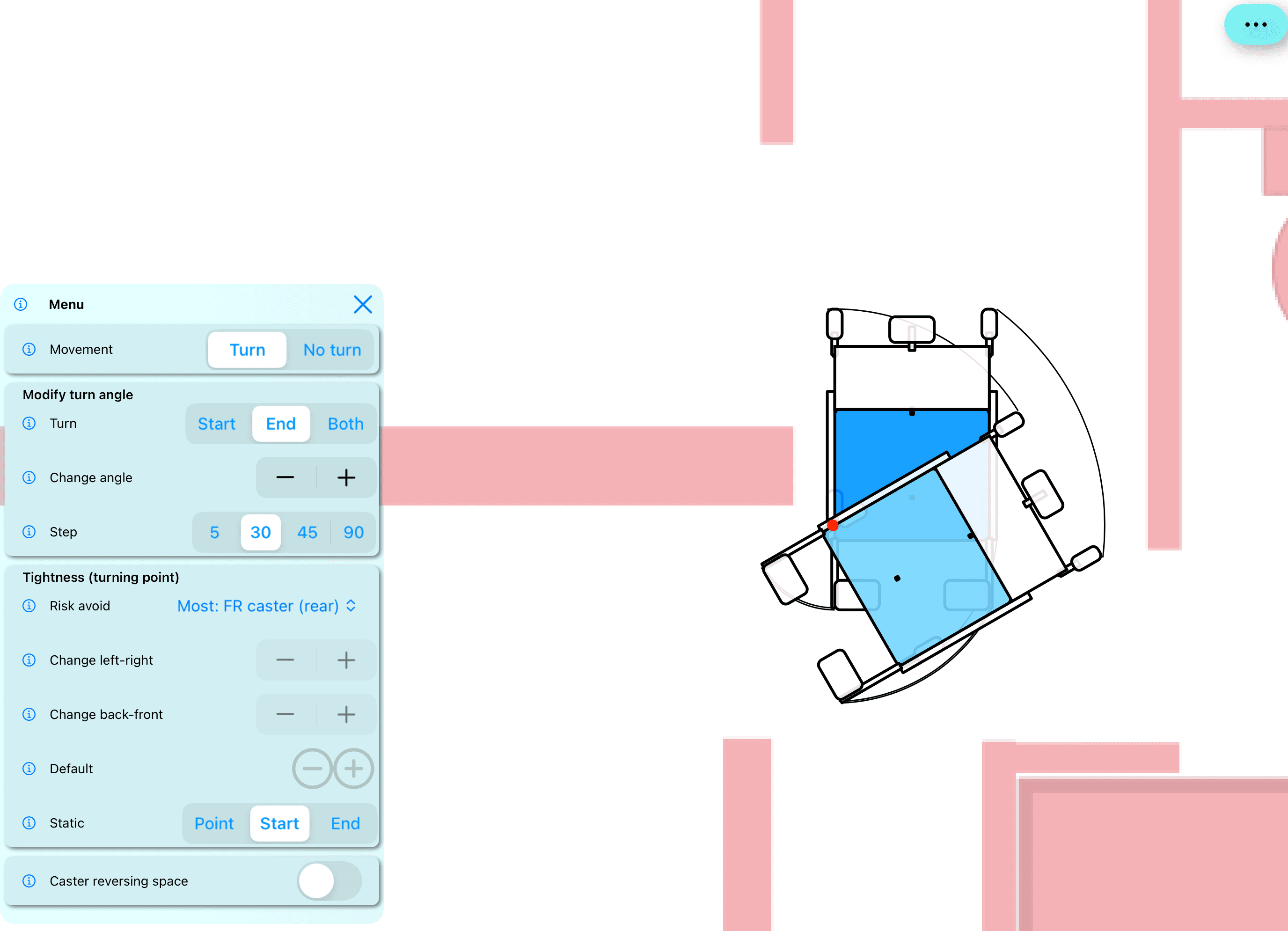 A tilted tilt-in-space shower chair with a long backrest